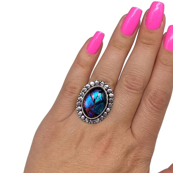 Jewelry - Dichroic Art Glass Ring Size 6.5 925 Sterling Silver Overlay Oval Colorful